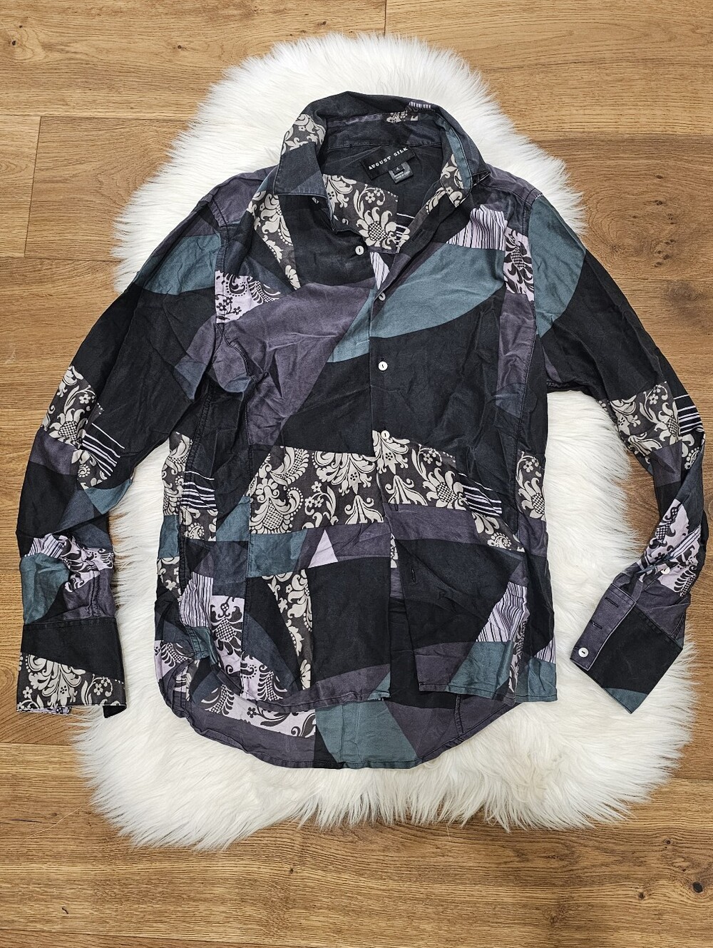 Vintage August Silk Geometric Print Button-Up Shirt in Black, Purple, Teal